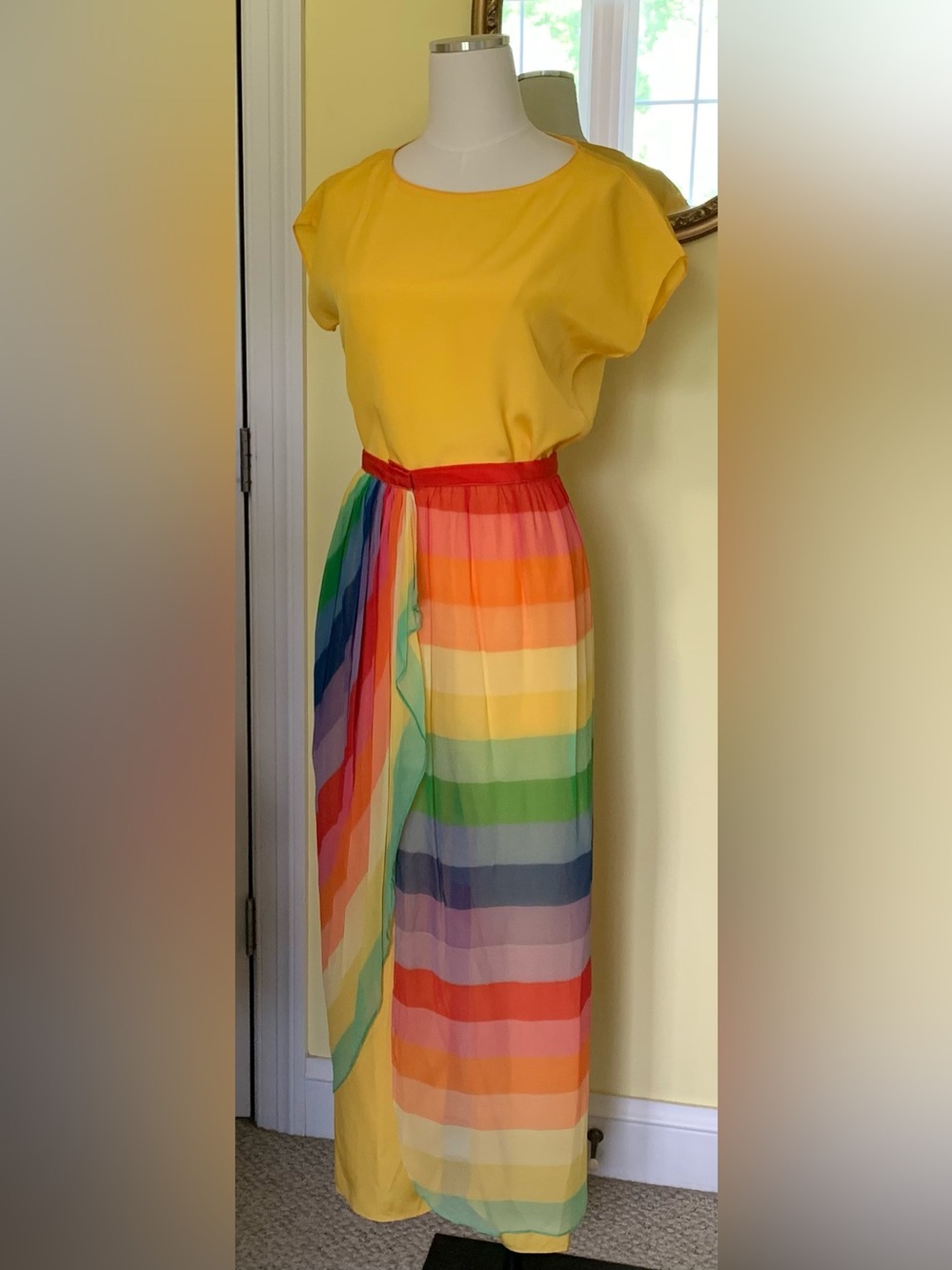 Yellow Silk Pant Top Set wDetachable Rainbow Sheer Skirt Vintage